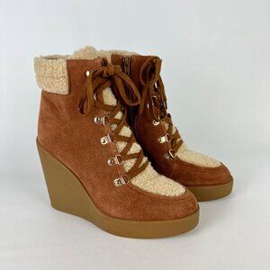 Jessica Simpson Maelyn Brown Suede Wedge Bootie Shearling Lace Up Zip size 8